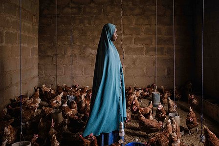 KADUNA, NGA - August 11, 2023:  Portrait of Asiya Ja’afar  at the poultry house at Anguwan Malamai, Zaria, Kaduna State, Nigeria. Asiya’s form of education is vocational as she’s dropped out of school at a young age. Her biggest goal right now is to own a
