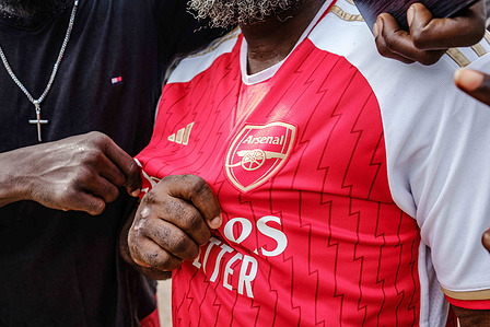 LAGOS, NGA - April 28, 2024: Adeshina Mayowa and his friends in Festac after  the second half time out of Arsenal vs Totteham match. Arsenal won the game as final score was 2-3 to Totteham. Mayowa has been a supporter of Arsenal since 1994. CREDIT: Taiwo 