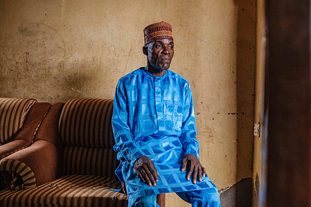 YOLA, NGA - October 5, 2023: Portrait of Salihu Yahaya (42); a livestock farmer in his house located in Dasin Hausa community, Fufoire LGA, Adamawa State Nigeria. Salihu Yahaya is a beneficiary of climate resilency project. According to Salihu, he would h