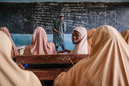 KADUNA, NGA - August 14, 2023:  Asiya Sa’idu in her summer school lesson organized by CGE at Government secondary school, Sabon Gari, Kaduna State, Nigeria. CREDIT: Taiwo Aina