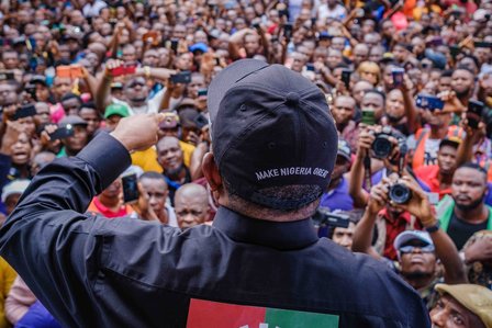 LAGOS, NGA - FEBRUARY 11, 2023: ÒMake Nigeria greatÓ, ObiÕs biggest hope for Nigeria as he speaks to his supporters at his ongoing campaign rally on February 11, 2023 at Alaba market, Lagos, Nigeria.  CREDIT: Taiwo Aina for The New York Times