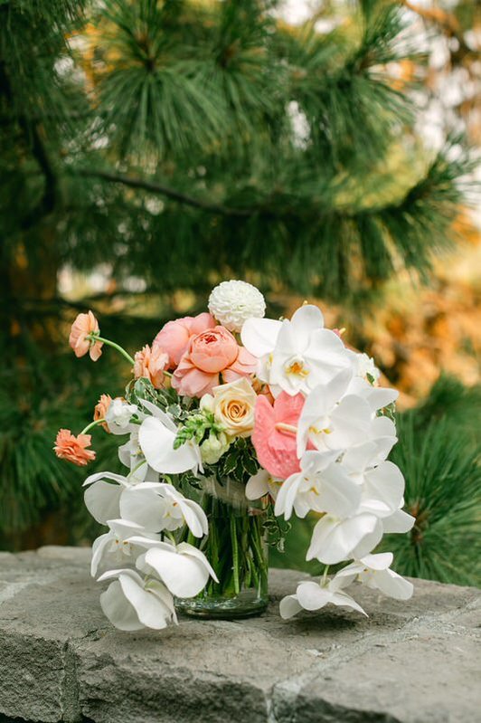 incredible wedding bouquet designed by the donner flower shop with ponderosa pine trees in Bend Oregon.