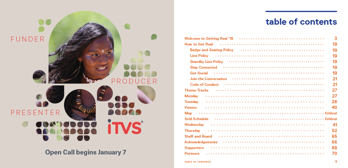 Getting Real '18 Documentary Conference program design by Susan Q Yin