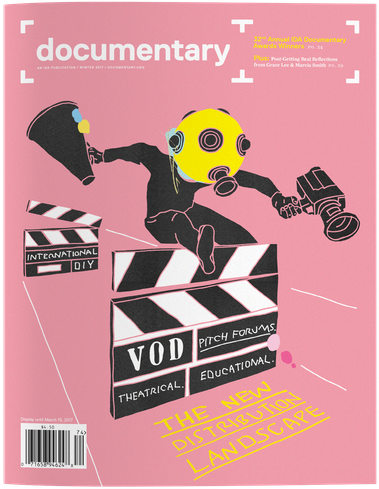 Cover of Winter 2017 issue of Documentary magazine, dedicated to nonfiction film and audio culture with illustration by Wayne Mills and creative direction by Susan Yin
