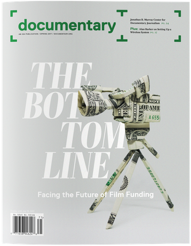 Cover of Spring 2017 issue of Documentary magazine, dedicated to nonfiction film and audio culture with an origami of cinecamera on a tripod, design by Susan Yin