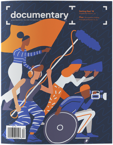 Cover of Fall 2018 issue of Documentary magazine, dedicated to nonfiction film and audio culture with illustration by Scrap Labs featuring filmmakers with boom mic, disabled cameraman shooting in wheelchair