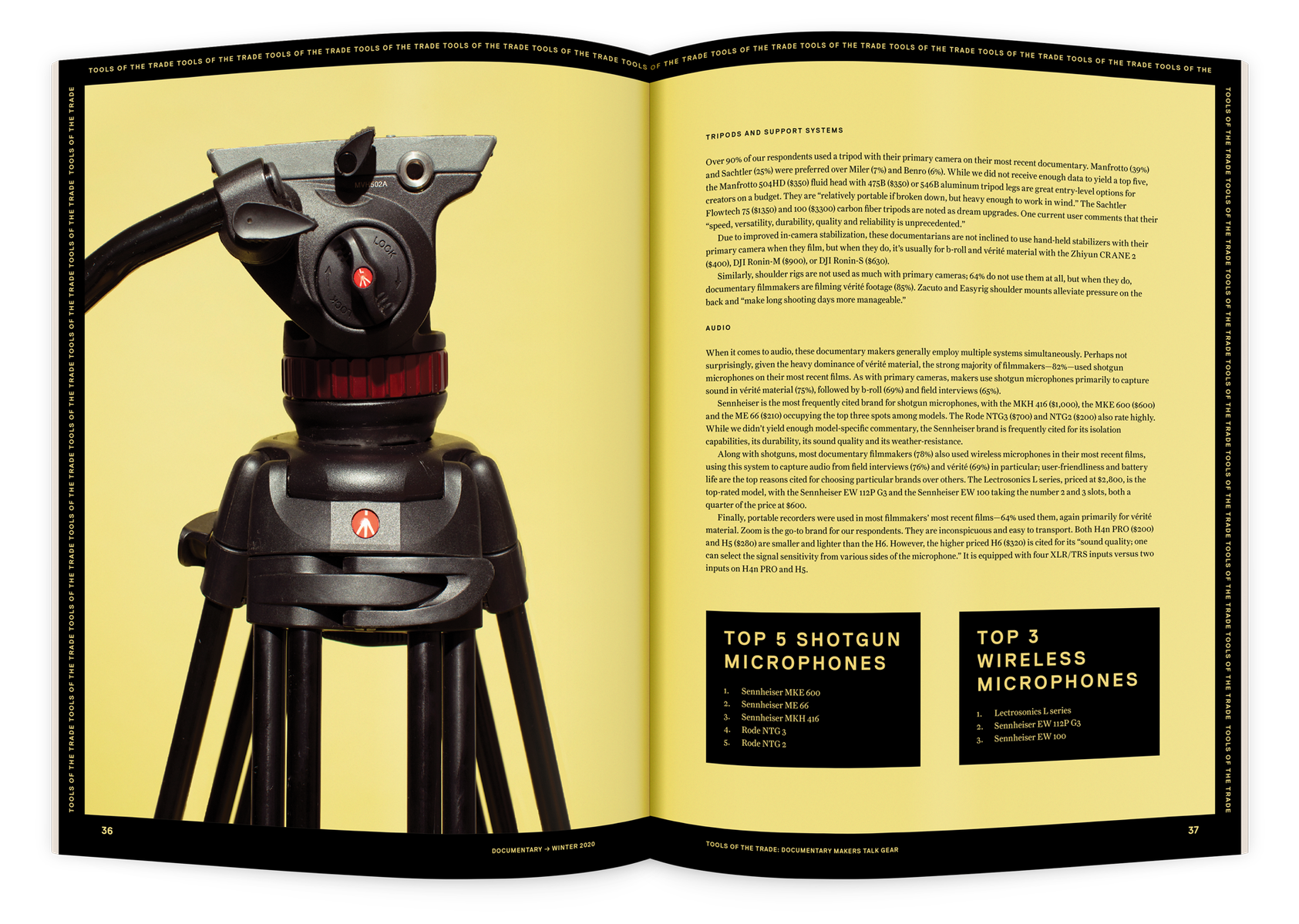 Documentary editorial film magazine spread design by Susan Q Yin with photo of Manfrotto tripod by  Maggie Shanon