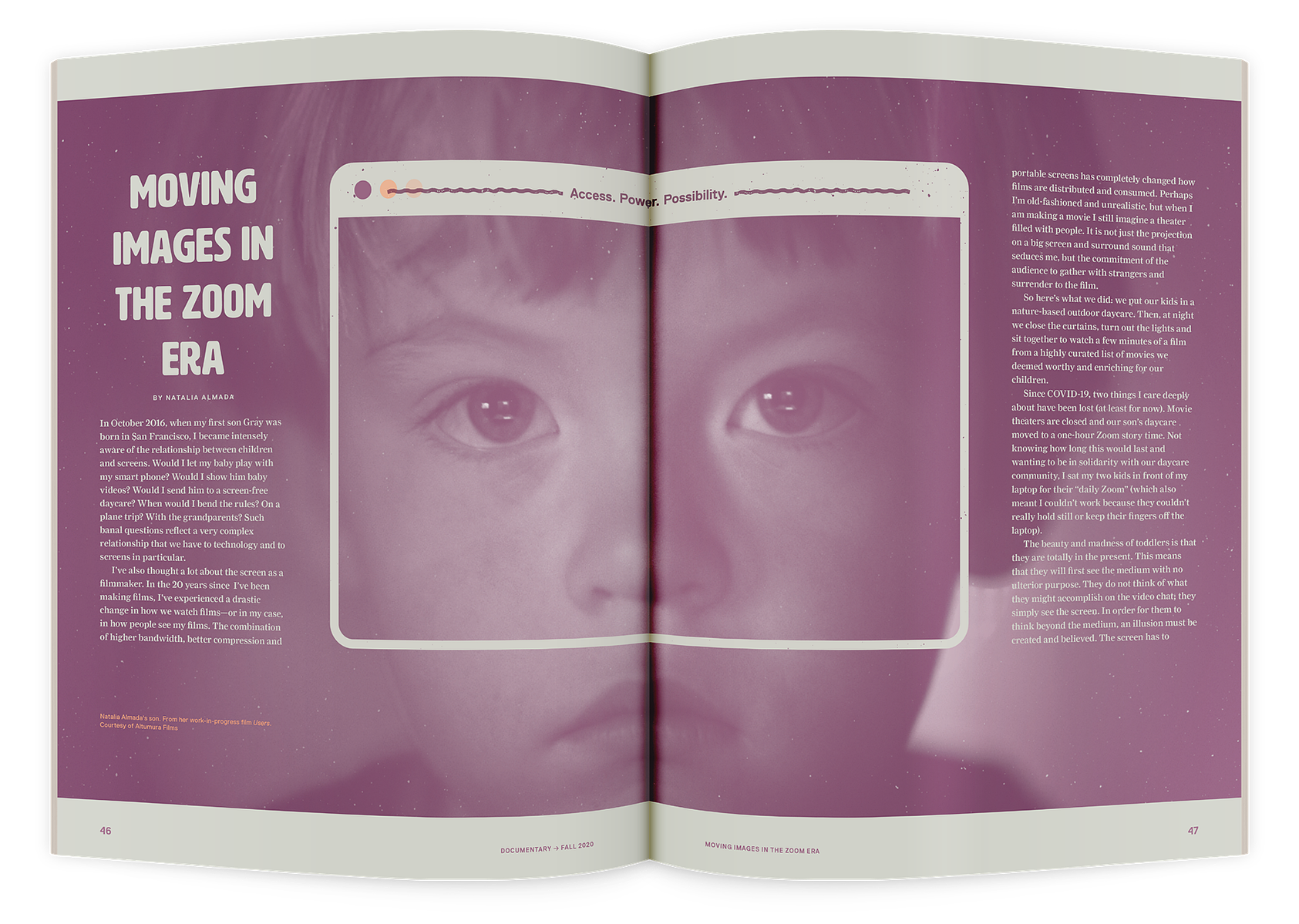 Documentary editorial film magazine spread design by Susan Q Yin; Zoom users