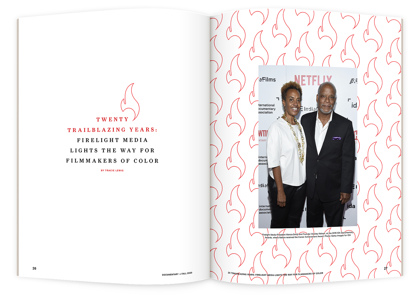 Documentary editorial film magazine spread design by Susan Q Yin featuring Firelight Media