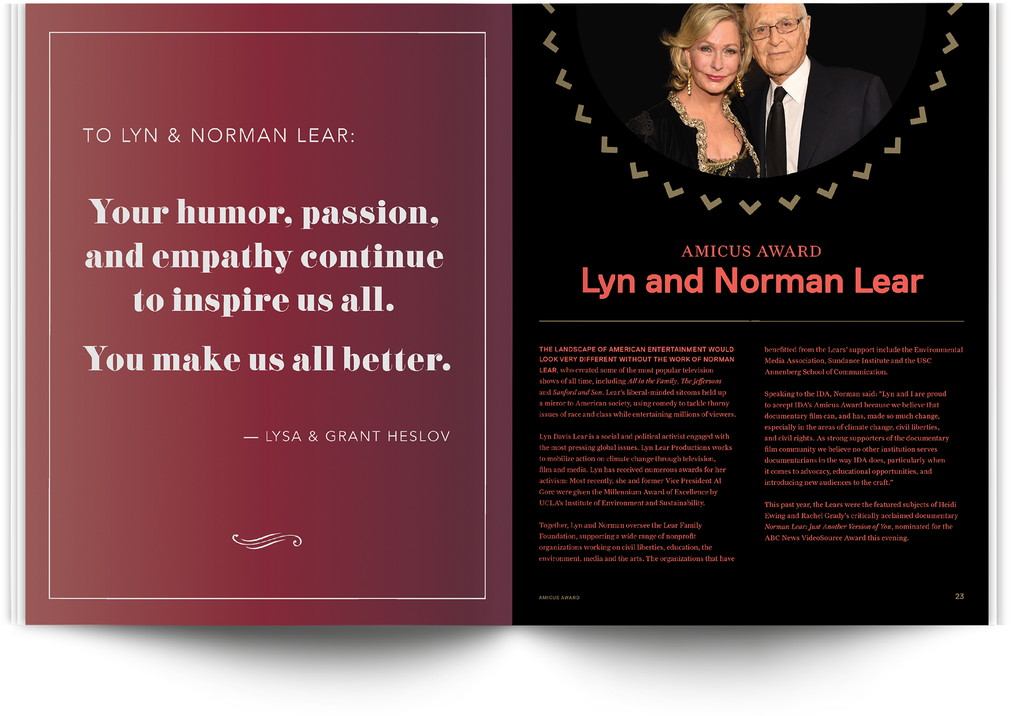 IDA Documentary Awards ceremony branding program spread design by Susan Yin feat. Norman Lear