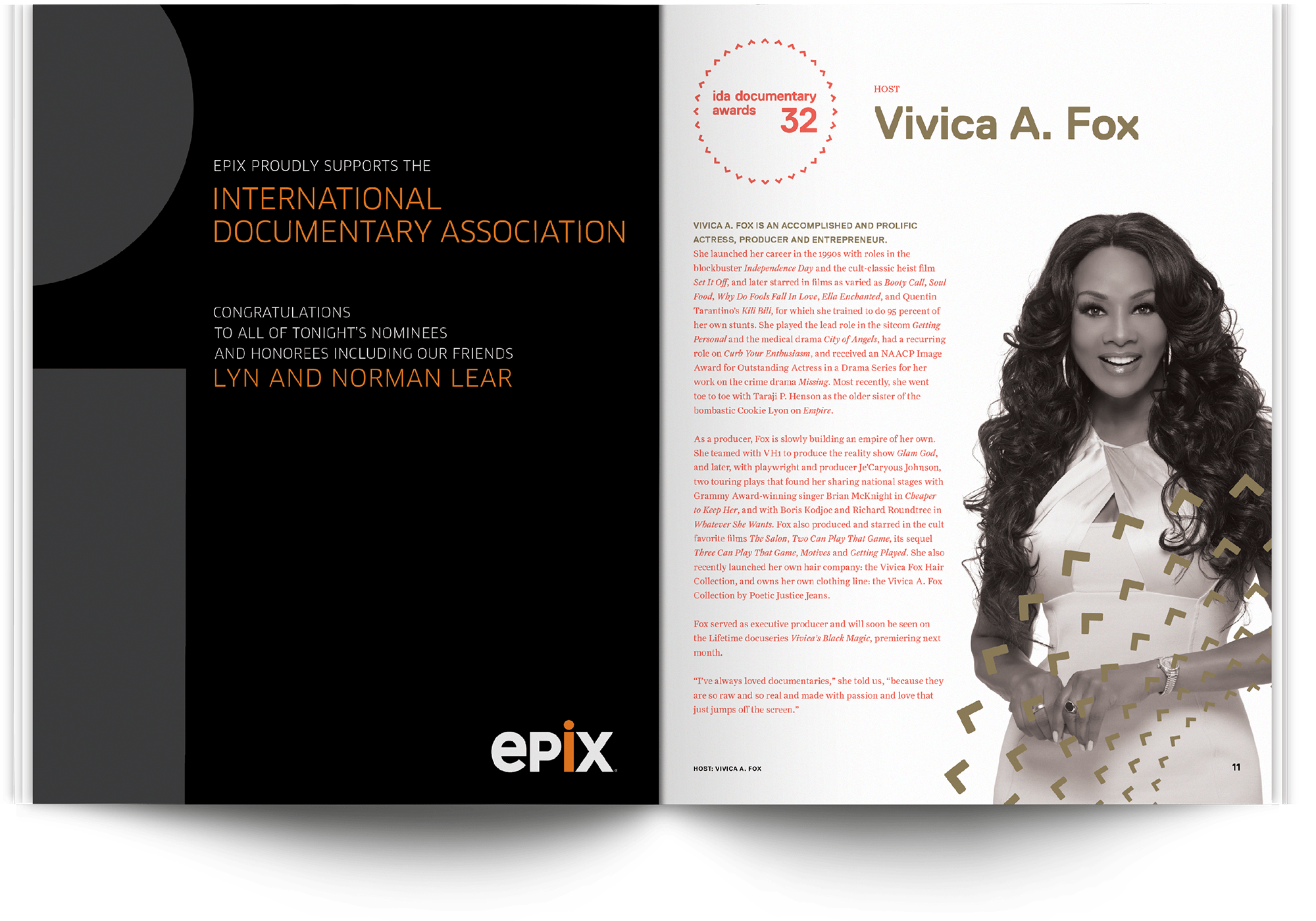 IDA Documentary Awards ceremony branding program spread design by Susan Yin feat. Vivica A Fox
