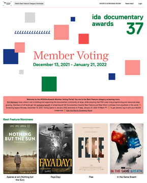 IDA Documentary Awards Member Voting custom landing page on Eventive