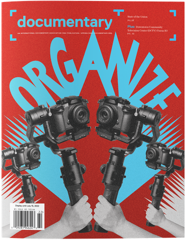 Cover of Spring 2022 issue of Documentary magazine, dedicated to the state of unionization, workers activism, guilds and collectives with design by Susan Yin.