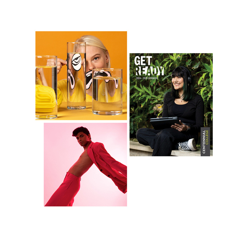 Collage of three dynamic images showcasing commercial photography. The first image features a person with short blonde hair framed behind glasses of water that distort playful, graphic illustrations. They wear a bright yellow top, creating a vibrant and m