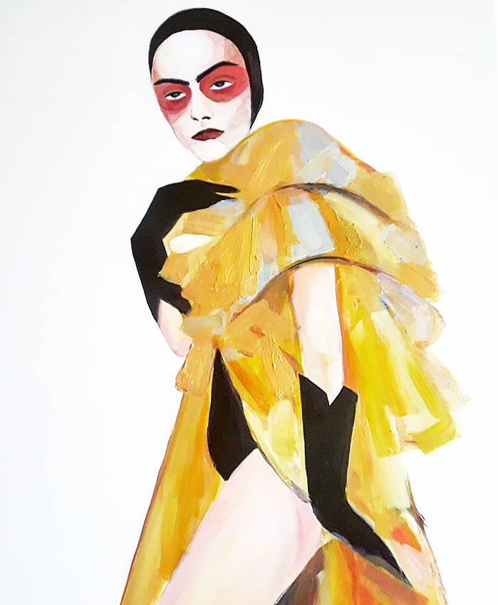 Fashion art print of Cara Delevingne abstract expressionism, which can be used for fashion lovers, art collectors, or interior designers.
