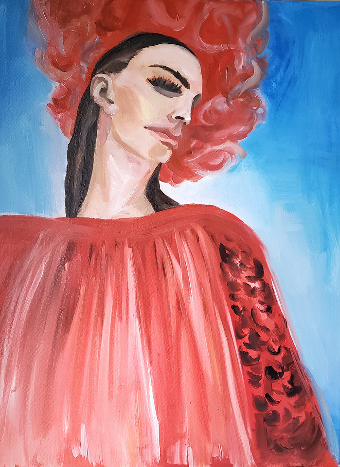 Fashion art print of Jean Paul Gaultier in abstract expressionism, which can be used for fashion lovers, art collectors, or interior designers.