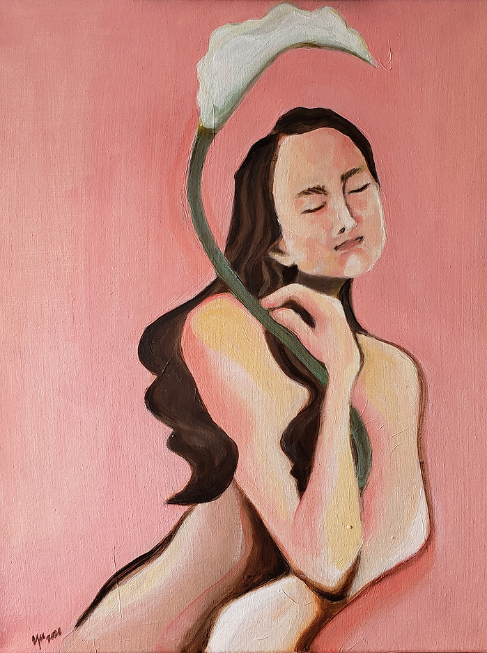 oil painting of a woman holder a flower