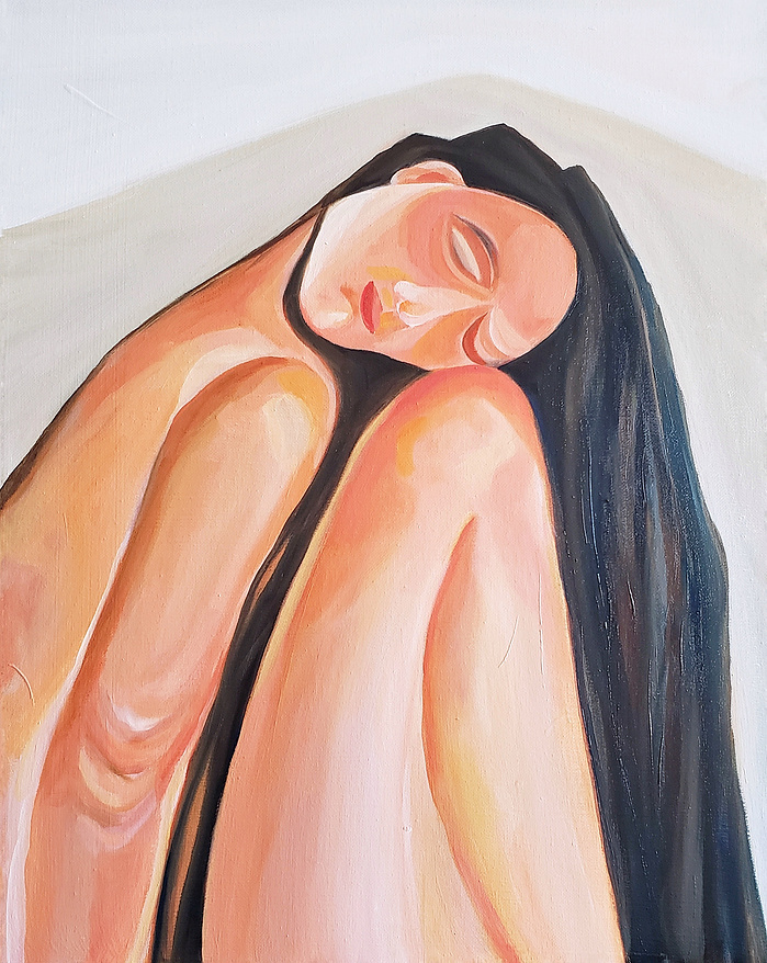 oil painting of woman resting peacefully on her knees