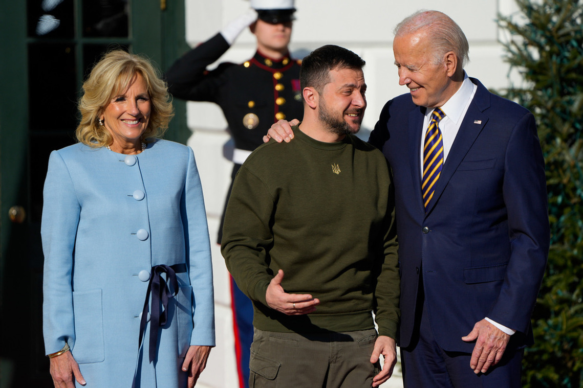 President Joe Biden welcomes President Volodymyr Zelenskyy of Ukraine on the South Lawn of th White House Dec. 21, 2022.