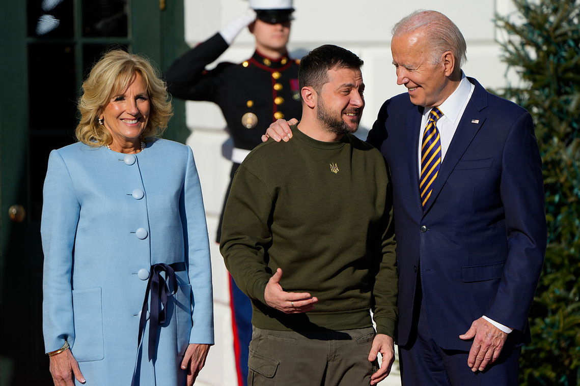 President Joe Biden welcomes President Volodymyr Zelenskyy of Ukraine on the South Lawn of th White House Dec. 21, 2022.