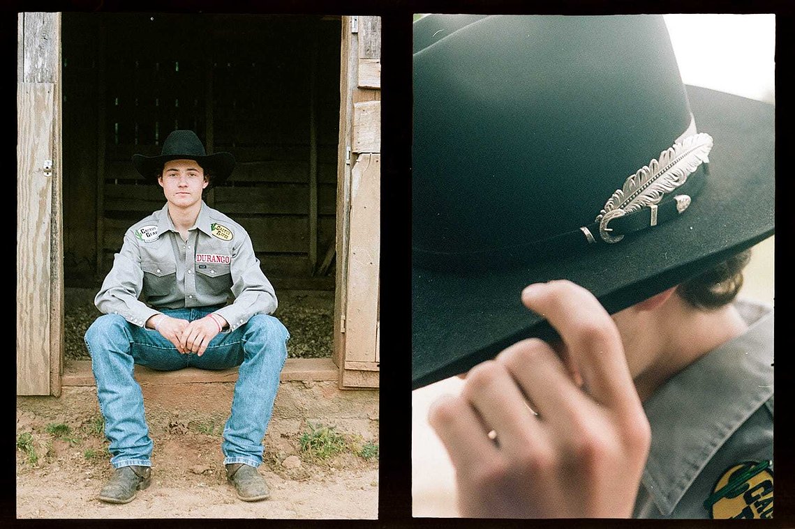 Colton Schlock poses for a portrait in front of an old barn at his home Monday, May 24, 2021. Scan of 35mm Kodak Portrait 160. Photographed using Olympus Pen F half-frame camera.  