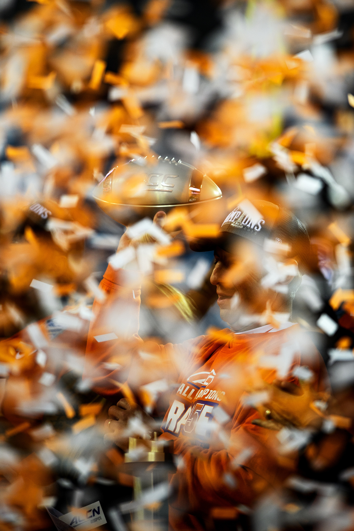 Clemson Head Coach Dabo Swinney holds up the trophy after beating Virginia in the ACC Championship game at the Bank of America Stadium Saturday, Dec. 7, 2019.