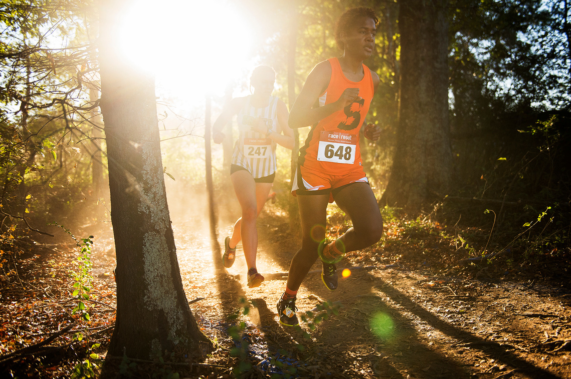 Southside's Raven Stewart and Greer's Mandy Farmer compete in the Greenville County cross country championships at Woodmont High School on Wednesday, Oct. 18, 2017.