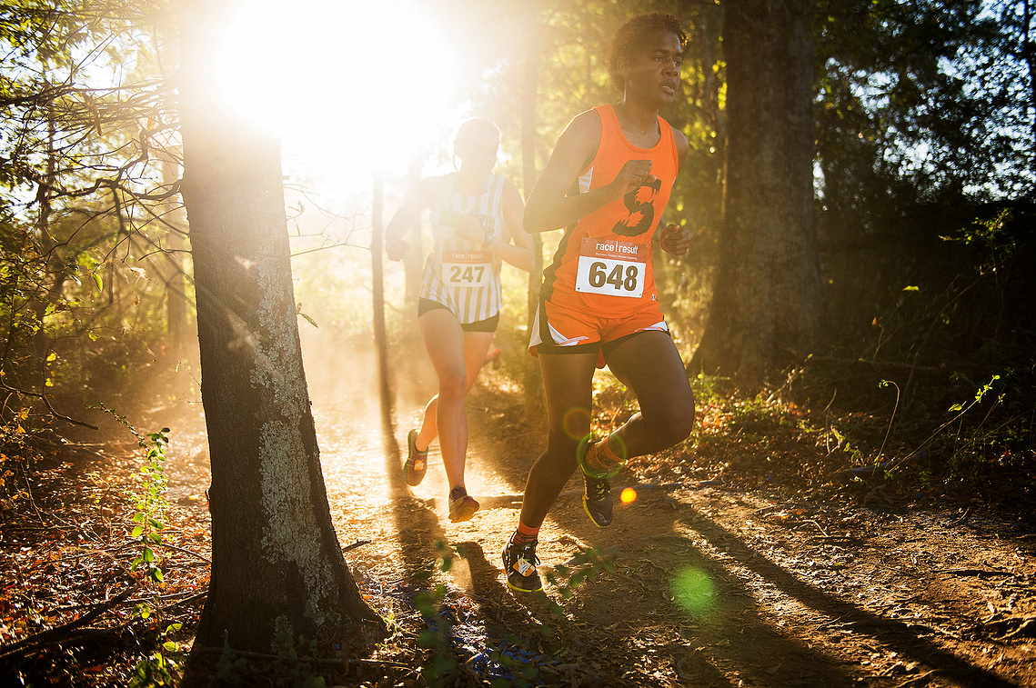 Southside's Raven Stewart and Greer's Mandy Farmer compete in the Greenville County cross country championships at Woodmont High School on Wednesday, Oct. 18, 2017.
