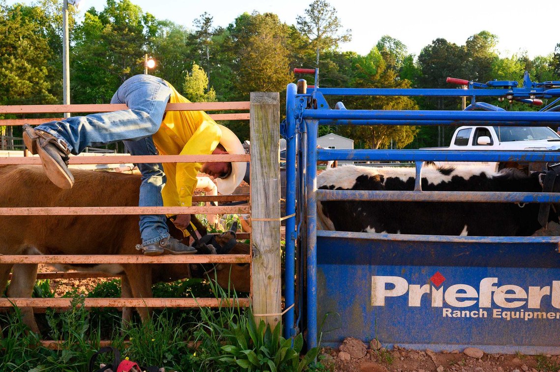 Reign Dobbins helps get a clalf unstuck from the chute before and Colton Schlock begin team roping practice at J Rest Farm Thursday April 15, 2021.