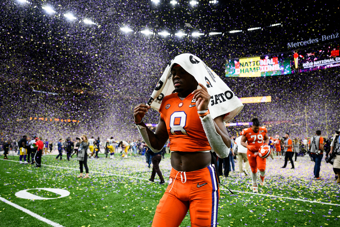 Clemson wide receiver Justyn Ross (8) walks off the field after their defeat in the College Football National Championship game against LSU at the Mercedes Benz Superdome Monday, Jan. 13, 2020.