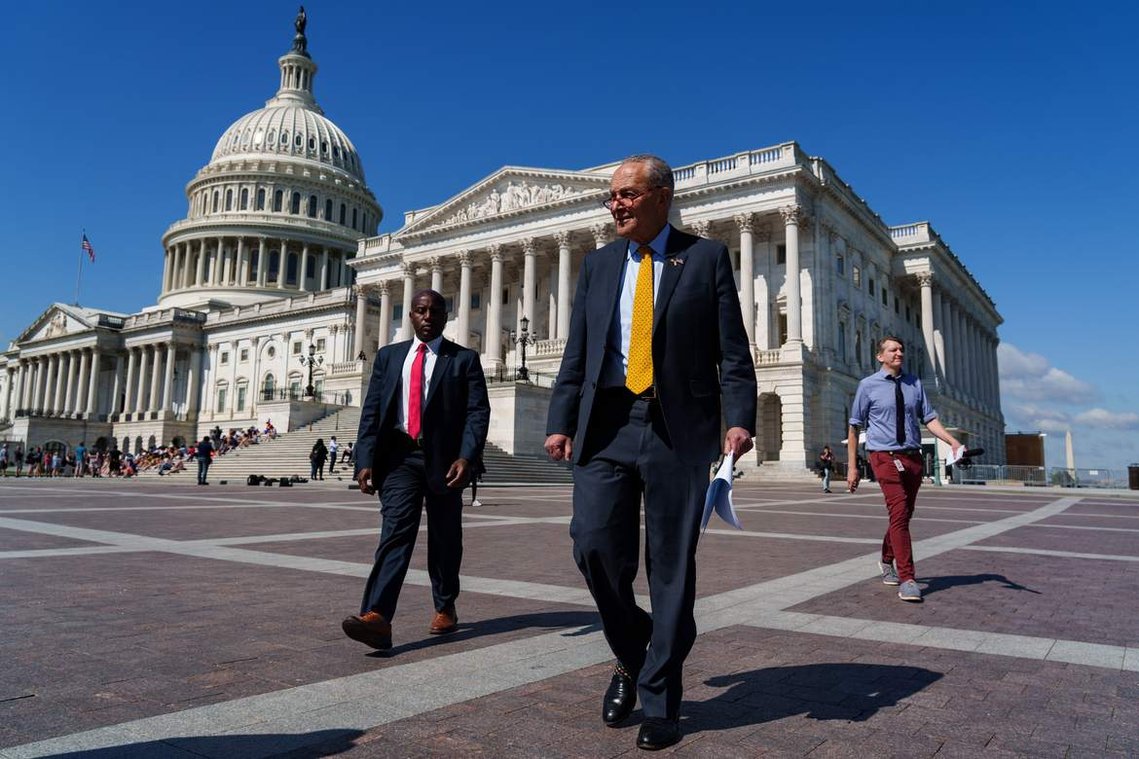 Senate Majority Leader Chuck Schumer (D-NY) walks to from the U.S. Capitol building to a press conference lead by Democratic women Senators in a press on their continuing fight to protect abortion rights on Thursday, May 19, 2022, in Washington, D.C.