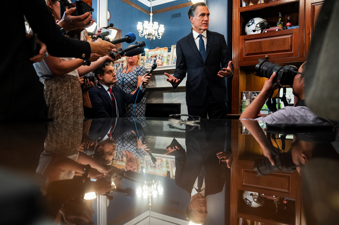 Sen. Mitt Romney (R-UT), speaks with members of the press about his intention to not run for reelection. Romney, who is 76, announced in a release 