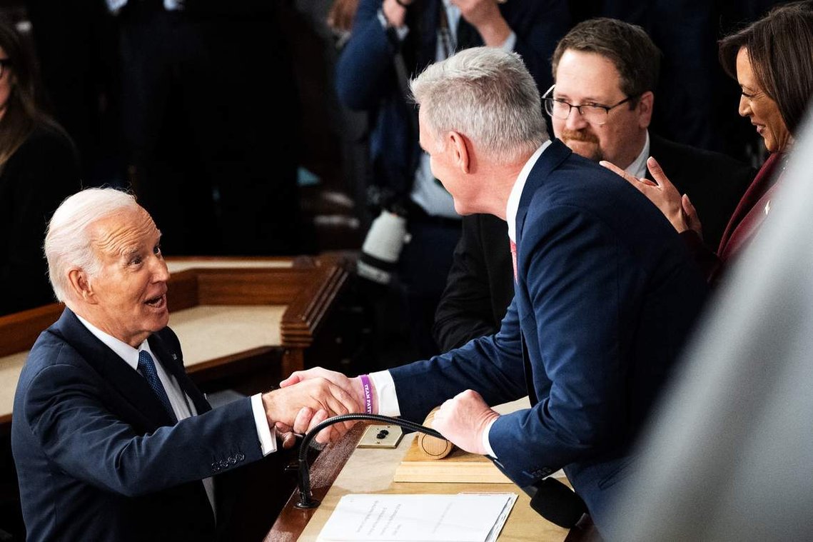 President Joe Biden shakes hands with Speaker of the House Kevin McCarthy before delivering his second State of the Union address in the House chamber of the U.S. Capitol Tuesday, Feb. 13, 2023.