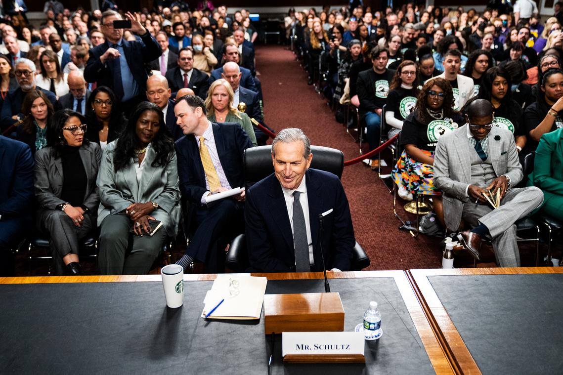 Howard Schultz, CEO of Starbucks, testifies in front of the Senate Committee on Health, Education, Labor and Pensions about Starbucks' alleged union busting activities in Washington.