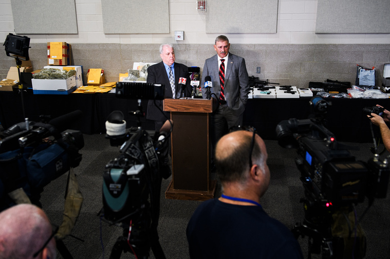 Spartanburg County Sheriff Chuck Wright holds a press conference to tell members of the media how much money, drugs, firearms and other contraband was seized during Operation Rolling Thunder on Friday, May 4, 2018.