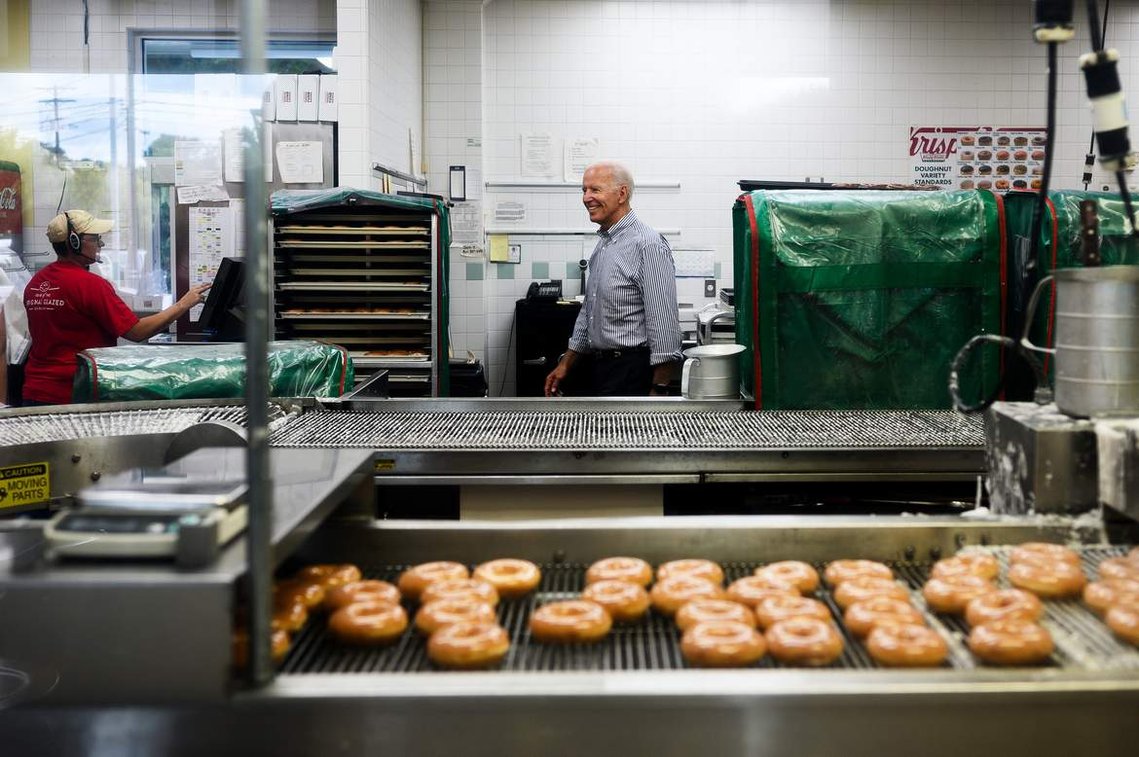 Democratic presidential candidate and former Vice President Joe Biden takes a tour of Krispy Kreme in Spartanburg, S.c. Wednesday, Aug. 28, 2019.