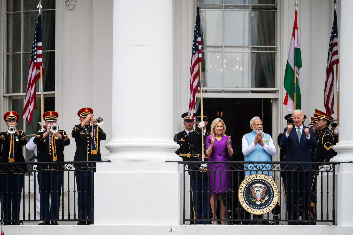 resident Joe Biden, First Lady Jill Biden and Narendra Modi, the Prime Minister of India, wave to the crowd during a state visit at the White House.