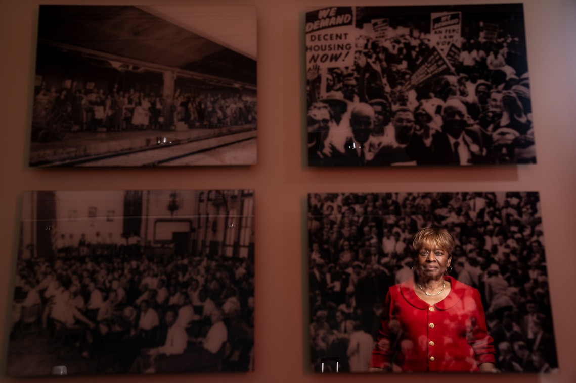 Clayola Brown, 74,, president of the A. Philip Randolph Institute stands next to images of events surrounding the civil rights movement and 1963 March on Washington as she poses for a portrait in her office building Friday, June 23, 2023.