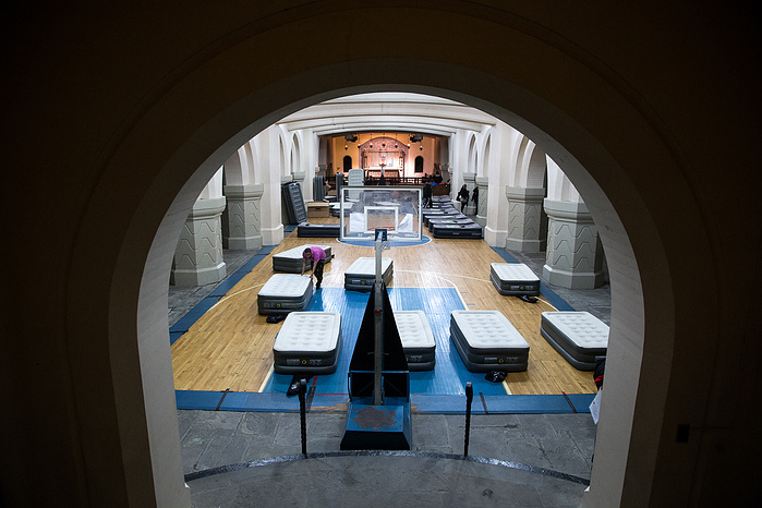 Air mattresses are set up for the marchers in the crypt of Trinity Episcopal Church in Trenton, New Jersey. Sleeping in shared spaces as cavernous as this, the marchers quickly became familiar with each other's snores.