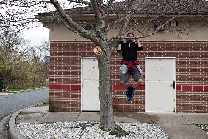 Tyler gets in some reps at a gas station in northeastern Maryland.