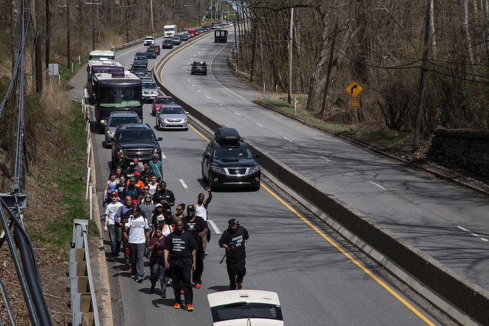 The march makes its way down Route 1 in southeastern Pennsylvania.