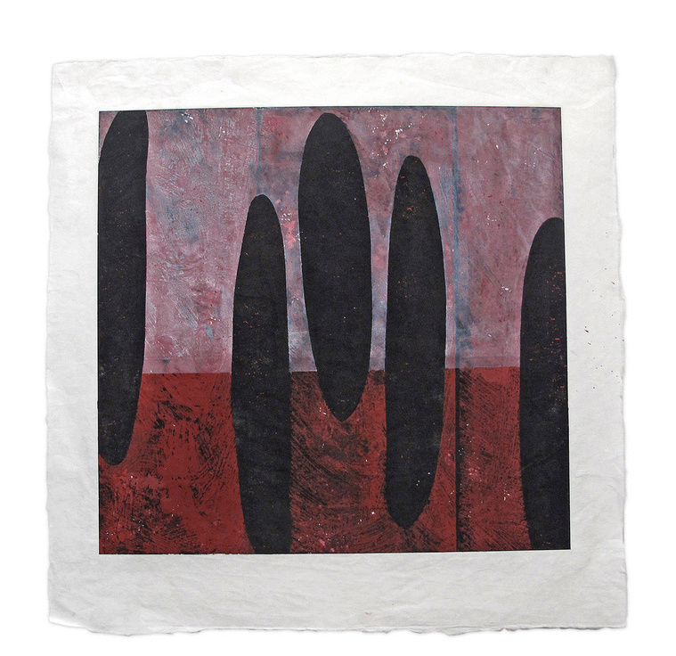 Crimson 2 was created by artist Kathy Erteman with casein and gouache. The modernist composition has four black oval pod forms and a red, black and translucent white monoprint background