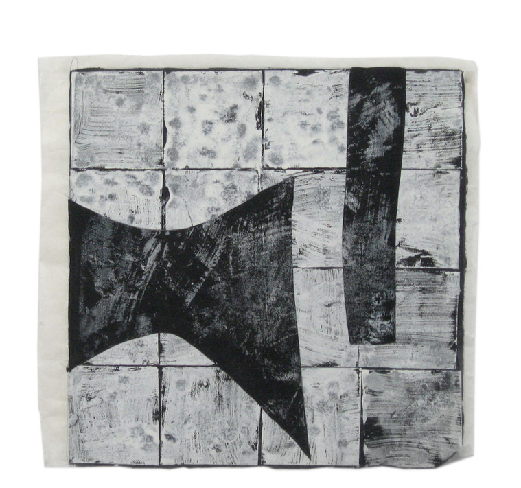Artist Kathy Erteman created Anvil, a monotype printed with Gouache, Watercolor, and Casein on mulberry paper. The gouache monotype has a black background, white printed squares, and two anvil shapes in black, some with white overprinting