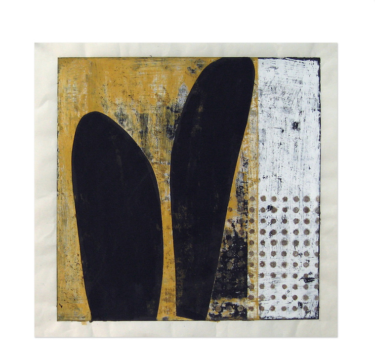 Apart is a monotype printed with Gouache, Watercolor, and Casein on mulberry paper by artist Kathy Erteman. The gouache monotype has black abstracted shapes on a yellow background with gold dots.