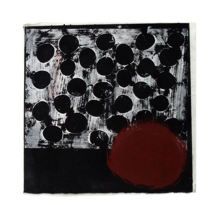 Firebrand by artist Kathy Erteman is a monotype printed with Gouache, Watercolor, and Casein on mulberry paper. The gouache monotype has a black background painted over in a textural white with a dark red circle bottom right