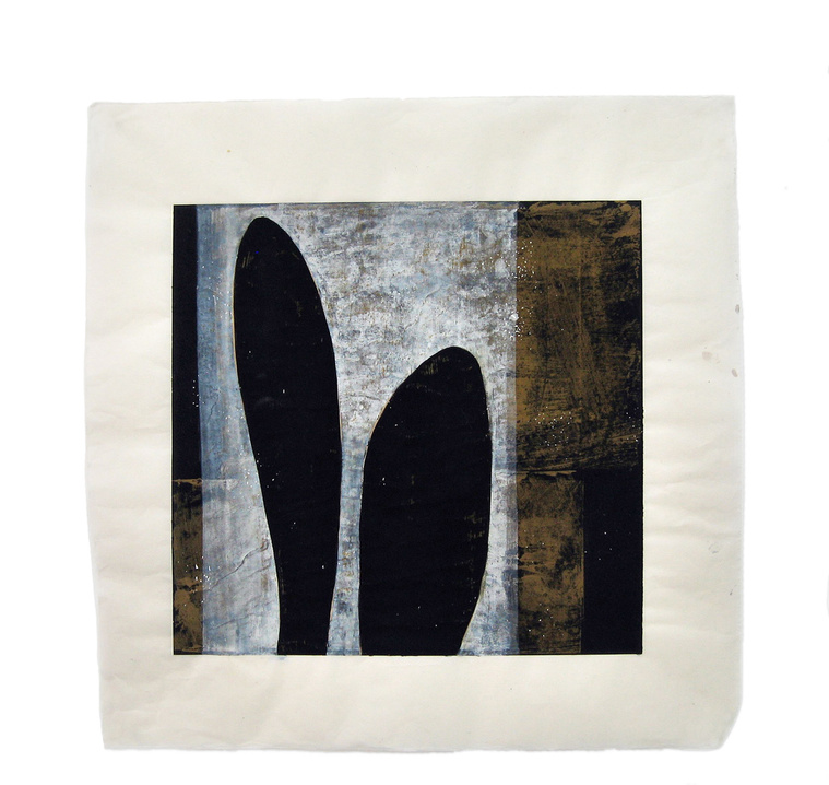 Conflict is a monotype printed with Gouache, Watercolor, and Casein on mulberry paper by artist Kathy Erteman. The gouache monotype has black abstracted shapes on a black background with a white and gold/ochre monoprint