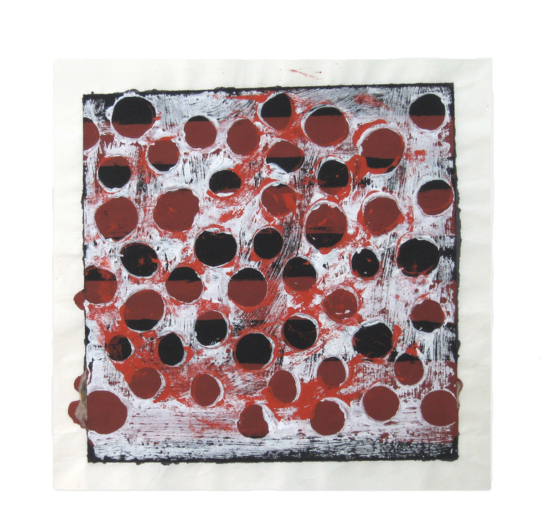 Artist Kathy Erteman created Golden Light on 18th, a monotype printed with Gouache, Watercolor, and Casein on mulberry paper. The gouache monotype has a white and orange circle print over a maroon and black background