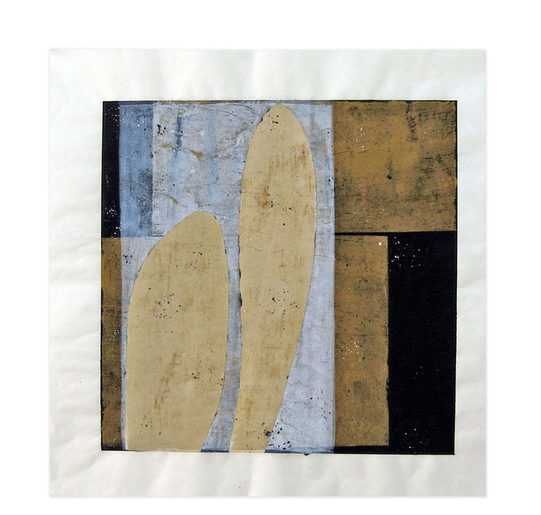 Resolve by artist Kathy Erteman is a monotype printed with Gouache, Watercolor, and Casein on mulberry paper. The gouache monotype has tan mottled shapes that are abstracted figures face to face. It has a black background with white and gold/ochre