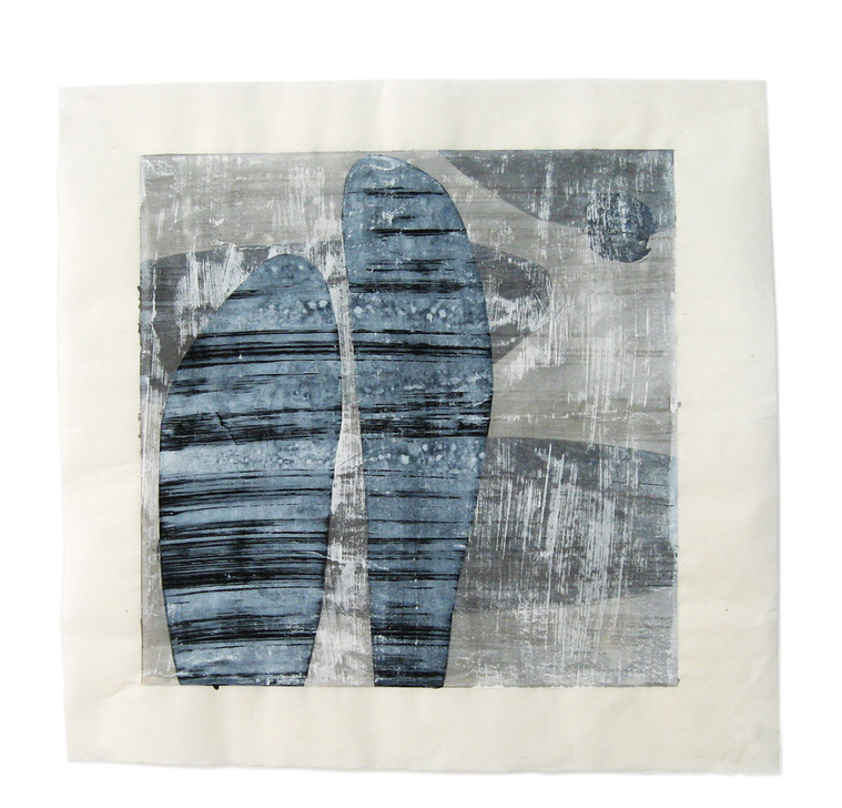 Veiled by artist Kathy Erteman is a monotype printed with Gouache, Watercolor, and Casein on mulberry paper. The gouache monotype is layered with oval printed background images in gray and white, white abstracted figures and a blue-gray monoprint