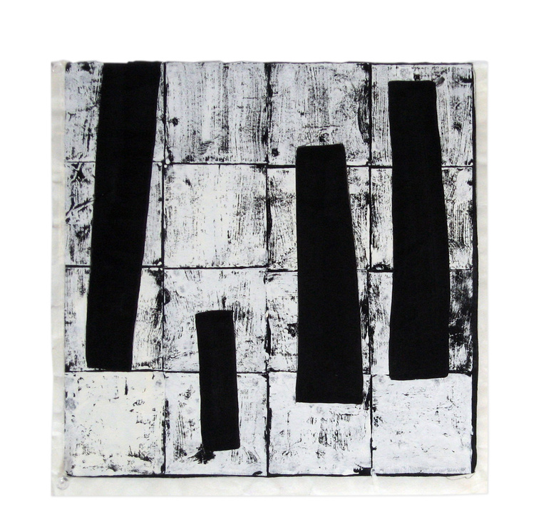 Leader is a monotype printed with Gouache, Watercolor, and Casein on mulberry paper by artist Kathy Erteman. The gouache monotype has a black background with white printed squares and four abstracted figures in black